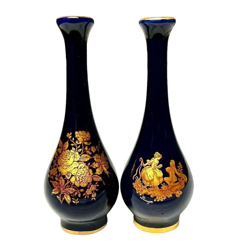 Vintage Limoges Castel France Porcelain Miniature Cobalt Blue & Gold Vases